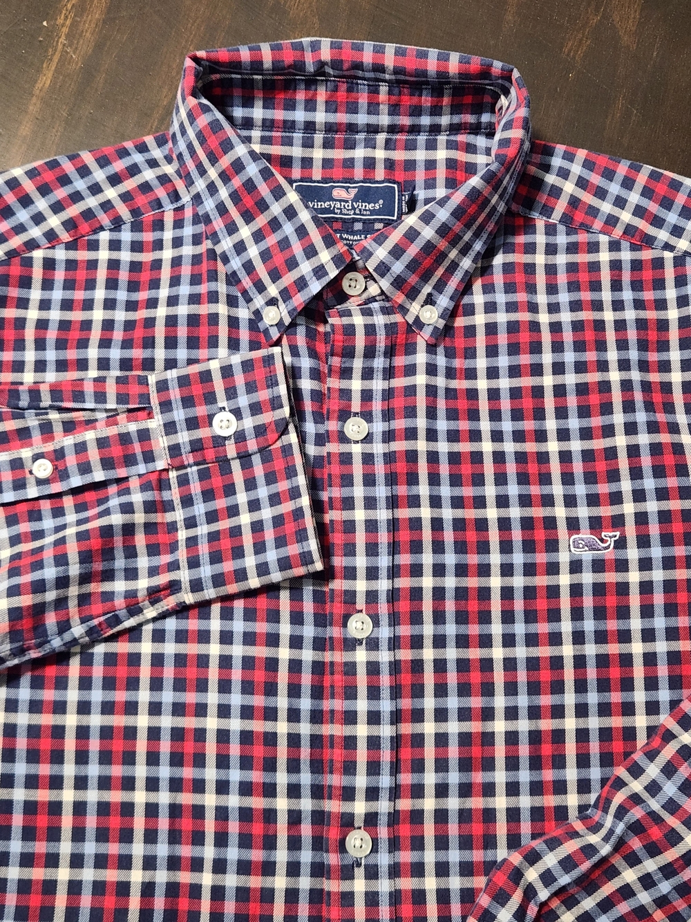 Vineyard Vines Performance Classic Fit Plaid Red Blue Button Shirt Whale LS L